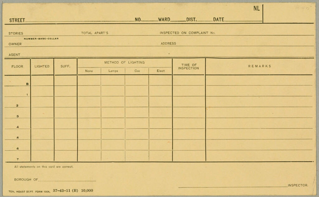 Housing, Improved: United States. New York. New York City. Tenement House Department: Forms And Records Used By Tenement House Department. New York City: Nl