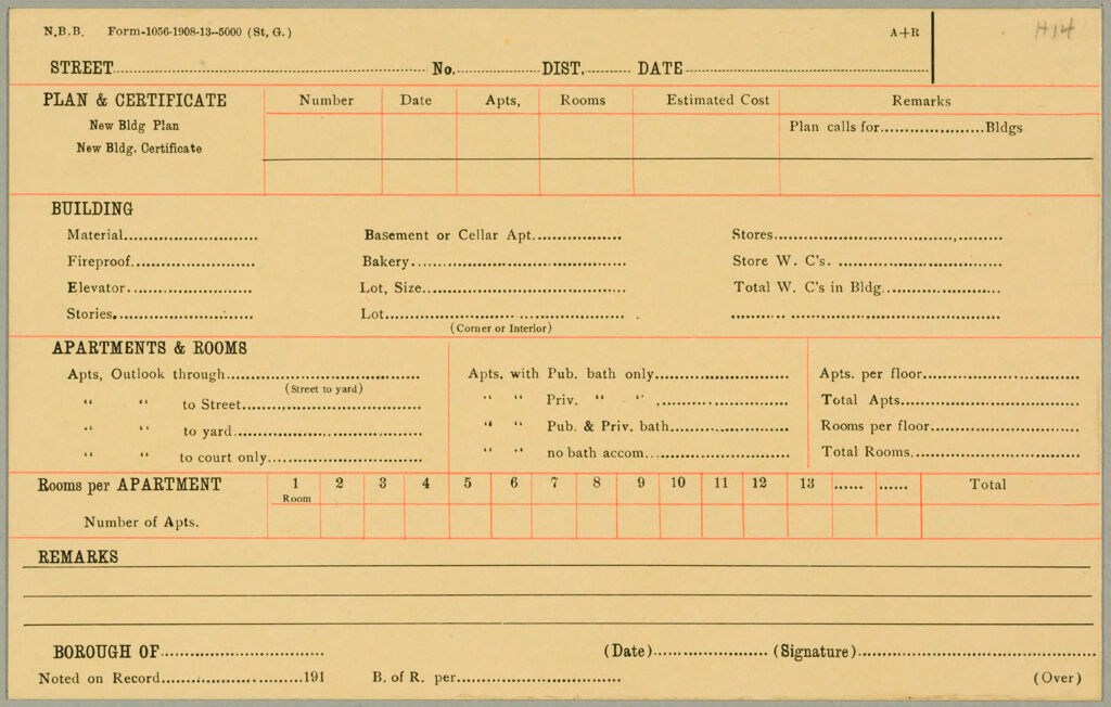 Housing, Improved: United States. New York. New York City. Tenement House Department: Forms And Records Used By Tenement House Department. New York City: N.b.b. Form-1056-1908-13--5000 (St, G)