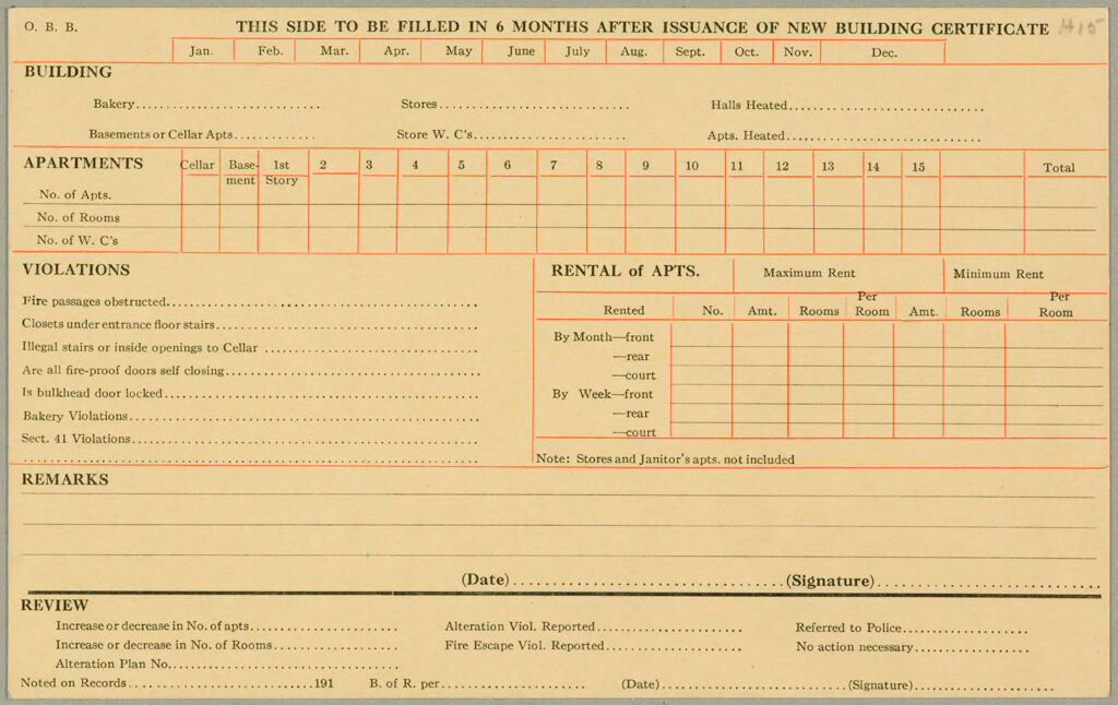 Housing, Improved: United States. New York. New York City. Tenement House Department: Forms And Records Used By Tenement House Department. New York City: O.b.b.: This Side To Be Filled In 6 Months After Issuance Of New Building Certificate