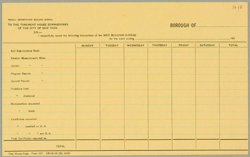 Housing, Improved: United States. New York. New York City. Tenement House Department: Forms And Records Used By Tenement House Department. New York City: Weekly Report - New Building Bureau