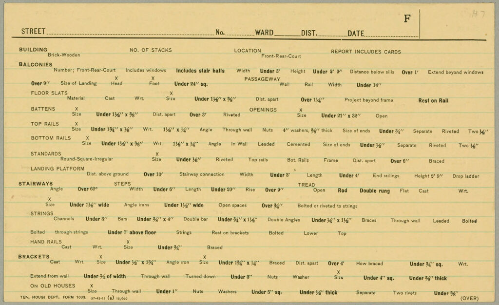 Housing, Improved: United States. New York. New York City. Tenement House Department: Forms And Records Used By Tenement House Department. New York City: F
