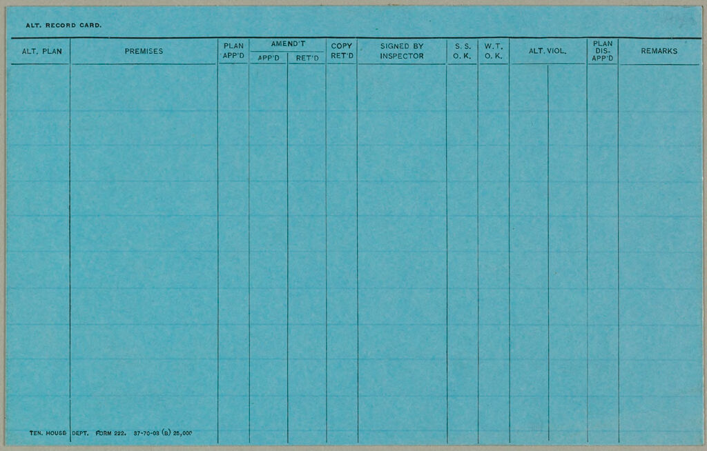 Housing, Improved: United States. New York. New York City. Tenement House Department: Forms And Records Used By Tenement House Department. New York City: Alt. Record Card