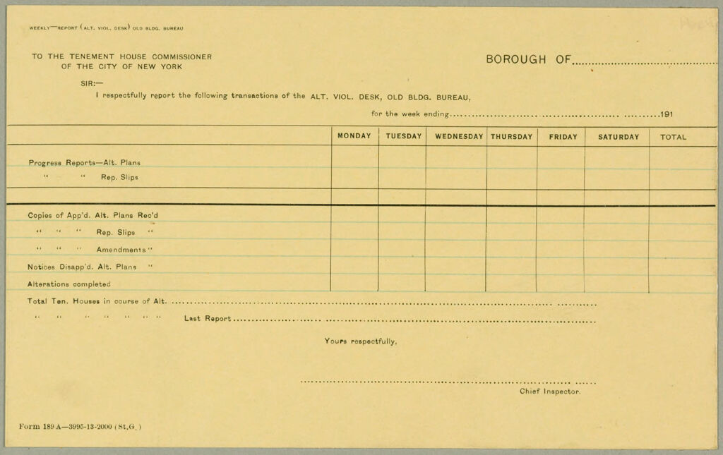 Housing, Improved: United States. New York. New York City. Tenement House Department: Forms And Records Used By Tenement House Department. New York City: Weekly-Report (Alt. Viol. Desk) Old Bldg. Bureau