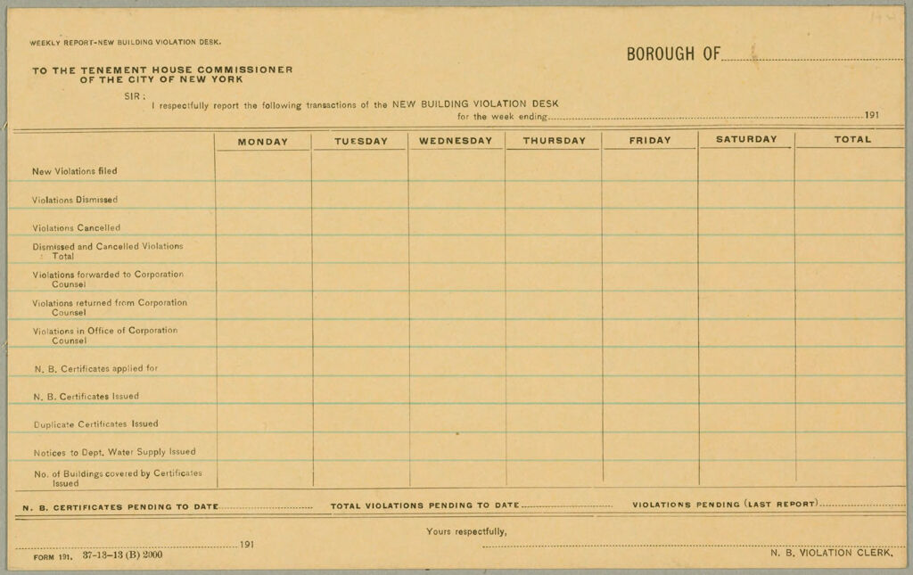 Housing, Improved: United States. New York. New York City. Tenement House Department: Forms And Records Used By Tenement House Department. New York City: Weekly Report - New Building Violation Desk.