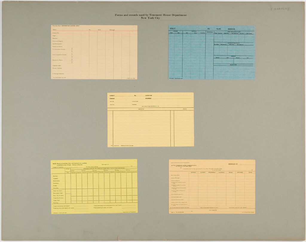 Housing, Improved: United States. New York. New York City. Tenement House Department: Forms And Records Used By Tenement House Department. New York City