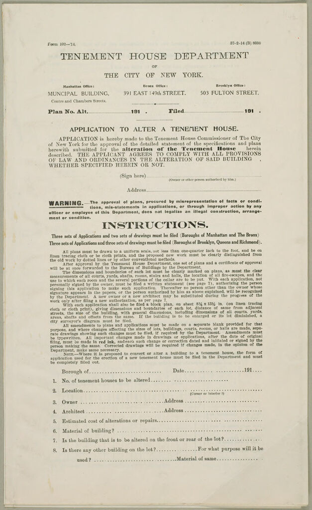Housing, Improved: United States. New York. New York City. Tenement House Department: Forms And Records Used By Tenement House Department. New York City: Tenement House Department Of The City Of New York.: Application To Alter A Tenement House.