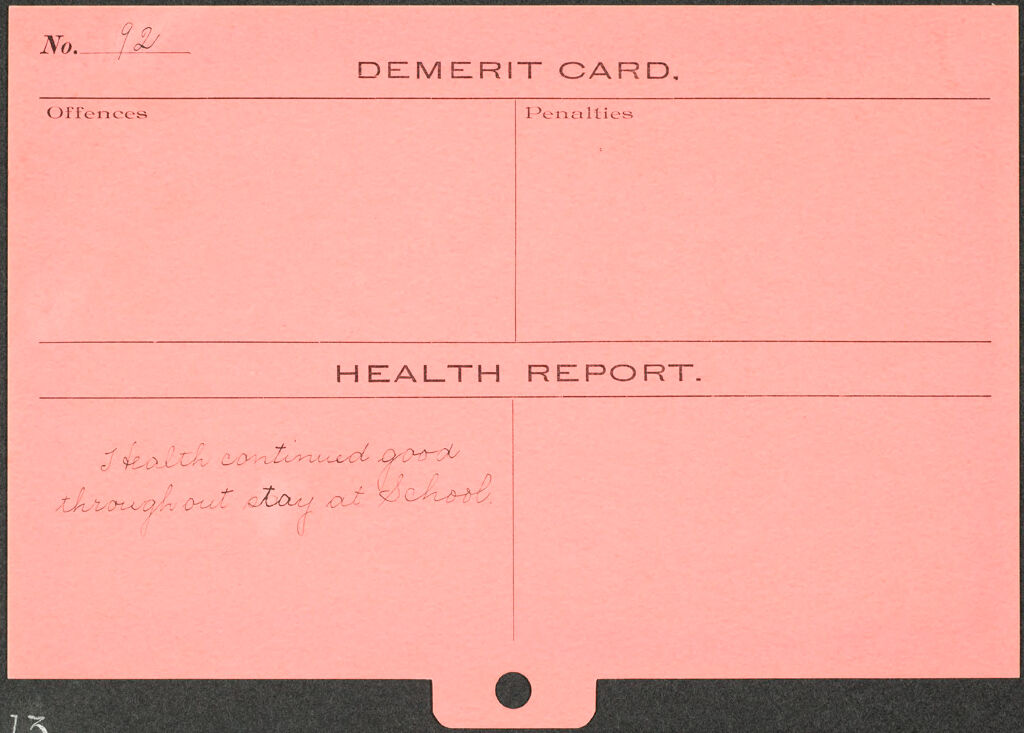 Races, Jews: United States. New Jersey. Woodbine. Baron De Hirsch Agricultural And Industrial School: Woodbine Settlement And School, Woodbine, N.j. Baron De Hirsch Fund.: Exhibit Iv. Records Of The Pupils Of The Agricultural School.: 13. Demerit Card; Health Report.