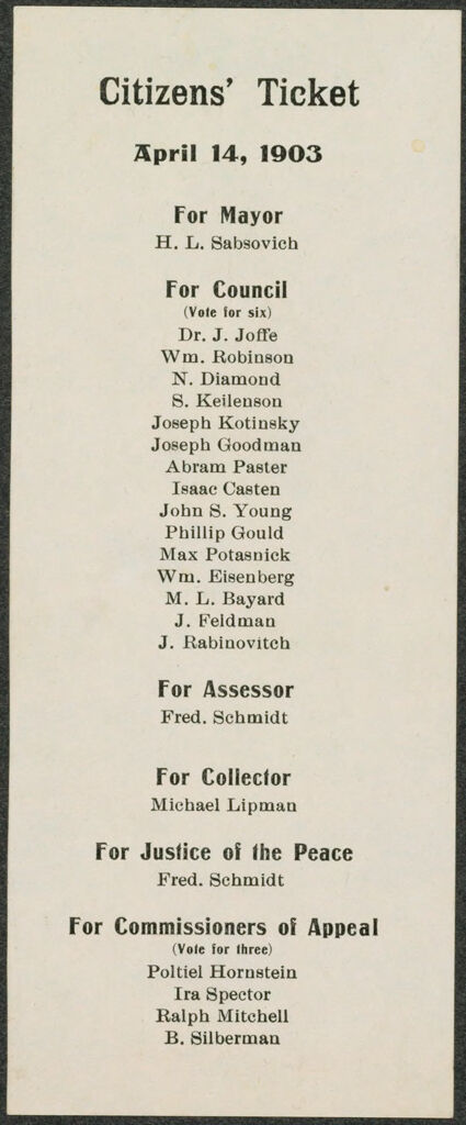 Races, Jews: United States. New Jersey. Woodbine. Baron De Hirsch Agricultural And Industrial School: Woodbine Settlement And School, Woodbine, N.j. Baron De Hirsch Fund.: Exhibit V. Ballots Of Borough Of Woodbine.: 1. Citizens Ticket. April 14, 1903