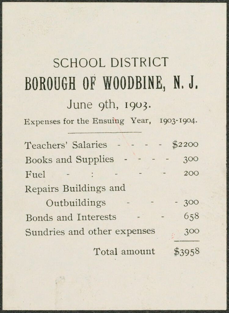 Races, Jews: United States. New Jersey. Woodbine. Baron De Hirsch Agricultural And Industrial School: Woodbine Settlement And School, Woodbine, N.j. Baron De Hirsch Fund.: Exhibit V. Ballots Of Borough Of Woodbine.: 6. School District. Borough Of Woodbine, N.j. June 9Th, 1903.