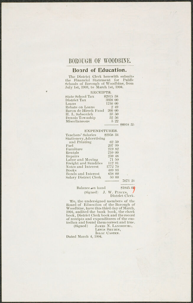 Races, Jews: United States. New Jersey. Woodbine. Baron De Hirsch Agricultural And Industrial School: Woodbine Settlement And School, Woodbine, N.j., Baron De Hirsch Fund.: Exhibit V. Municipal Documents.: 14. Borough Of Woodbine. Board Of Education.