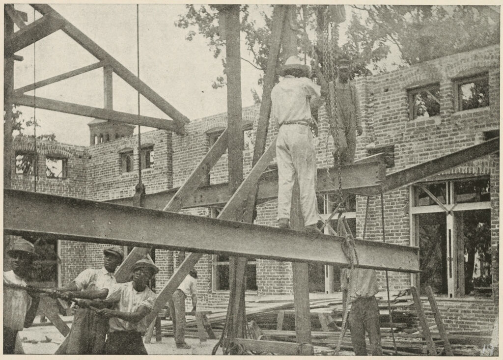 Races, Negroes: United States. Virginia. Hampton. Hampton Normal And Industrial School: Training In Scientific Agriculture: The Hampton Y.m.c.a. Building Under Construction. Trade Students Placing Iron Girders