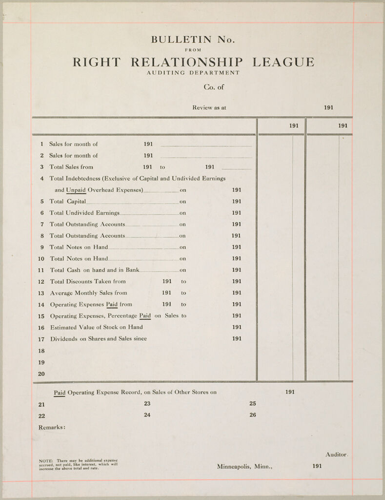Industrial Problems, Coöperation: United States. Minnesota. Minneapolis. Right Relationship League: Coöperation, United States: Bulletin No. From Right Relationship League Auditing Department
