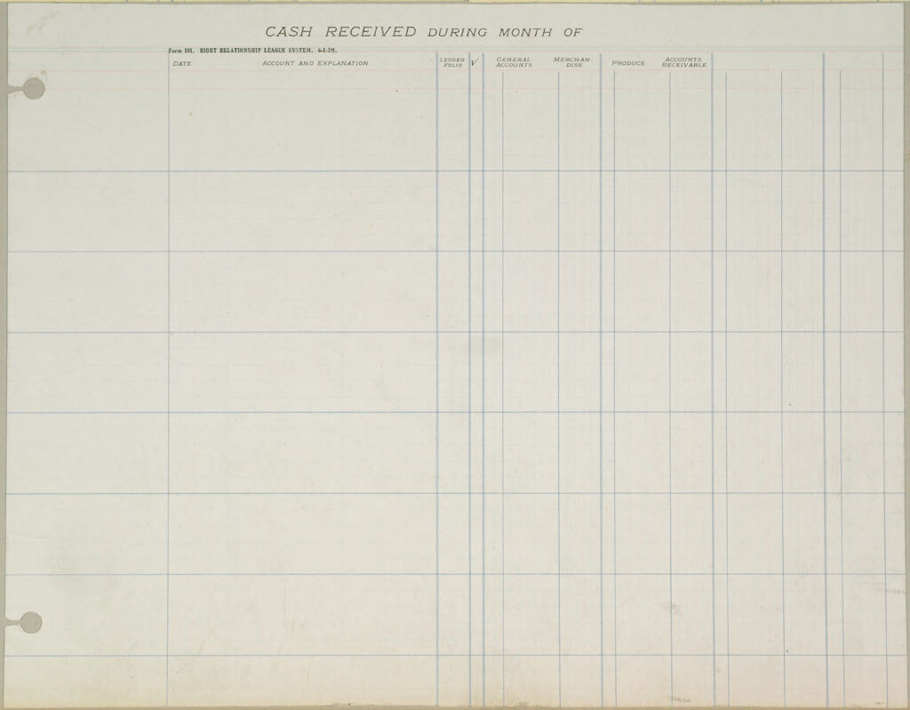Industrial Problems, Coöperation: United States. Right Relationship League: Coöperation, United States: Forms Used By The Auditing Department Of The Right Relationship League, 1913.: Cash Received During Month Of