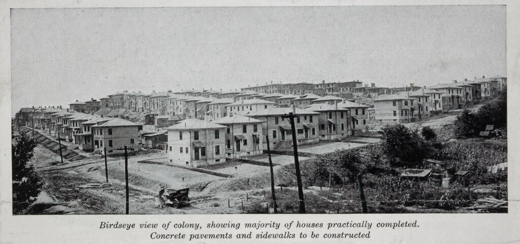 Housing, Industrial: United States. Pennsylvania. Donora: Industrial Housing. Detached And Semi-Detached Houses Of Poured Concrete: Built For The American Steel & Wire Co., At Donora, Pa.: Designs By Lambie Concrete House Corporation, New York City. Construction By Lambie Concrete House Corporation And Aberthaw Construction Co., Boston: Birdseye View Of Colony, Showing Majority Of Houses Practically Completed. Concrete Pavements And Sidewalks To Be Constructed.