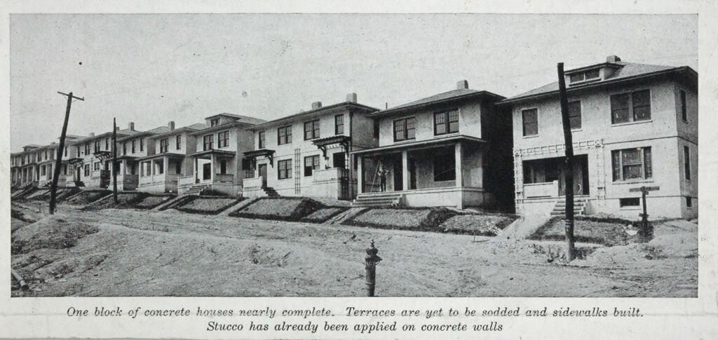 Housing, Industrial: United States. Pennsylvania. Donora: Industrial Housing. Detached And Semi-Detached Houses Of Poured Concrete: Built For The American Steel & Wire Co., At Donora, Pa.: Designs By Lambie Concrete House Corporation, New York City. Construction By Lambie Concrete House Corporation And Aberthaw Construction Co., Boston: One Block Of Concrete Houses Nearly Complete. Terraces Are Yet To Be Sodded And Sidewalks Built. Stucco Has Already Been Applied On Concrete Walls.