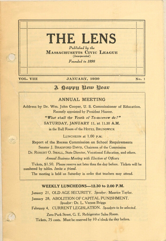 Charity, Organizations: United States. Massachusetts. Boston. Publicity For Social Work. (1) House Papers. (2) Newspaper Editorials. (3) Novelties, Blotters, Bookmarks, Calendars, Etc.: The Lens. Published By The Massachusetts Civic League