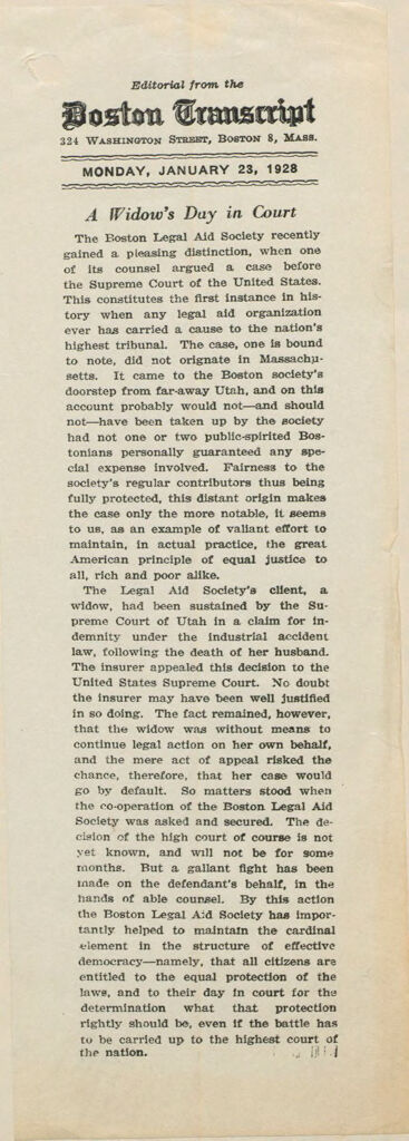 Charity, Organizations: United States. Massachusetts. Boston. Publicity For Social Work. (1) House Papers. (2) Newspaper Editorials. (3) Novelties, Blotters, Bookmarks, Calendars, Etc.: A Widow's Day In Court (Editorial From The Boston Transcript. 224 Washington Street, Boston 8, Mass.  Monday, January 23, 1928).