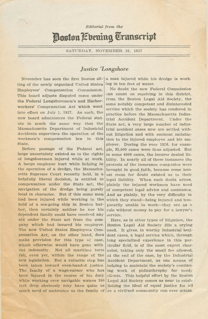 Charity, Organizations: United States. Massachusetts. Boston. Publicity For Social Work. (1) House Papers. (2) Newspaper Editorials. (3) Novelties, Blotters, Bookmarks, Calendars, Etc.: Justice 'Longshore (Editorial From The Boston Evening Transcript. Saturday, November 26, 1927).