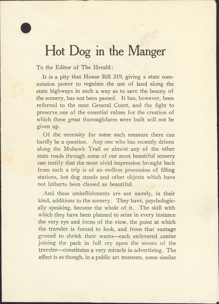 Charity, Organizations: United States. Massachusetts. Boston. Publicity For Social Work. (1) House Papers. (2) Newspaper Editorials. (3) Novelties, Blotters, Bookmarks, Calendars, Etc.: Hot Dog In The Manger (Reprinted From The Boston Herald Of March 31, 1928).