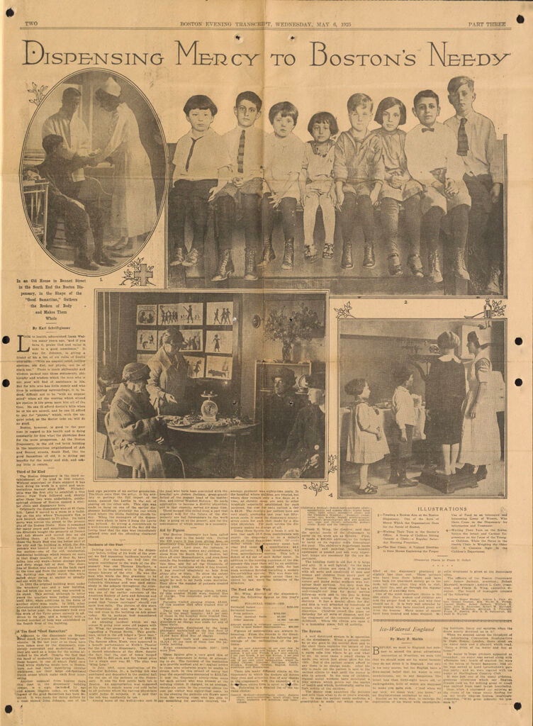 Charity, Organizations: United States. Massachusetts. Boston. Publicity For Social Work. (1) House Papers. (2) Newspaper Editorials. (3) Novelties, Blotters, Bookmarks, Calendars, Etc.: Dispensing Mercy To Boston's Needy (Boston Evening Transcript, Wednesday, May 6, 1925).