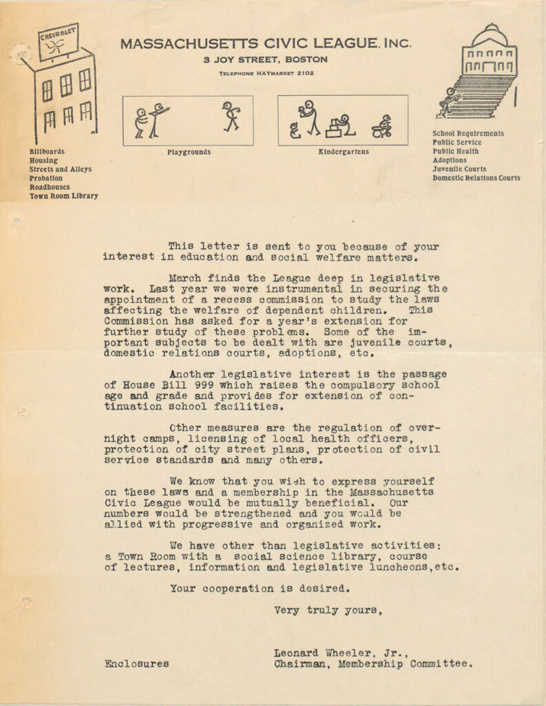 Charity, Organizations: United States. Massachusetts. Boston. Publicity For Social Work. (1) Letter Heads. (2) Inserts. (3) Subscription Blanks: Massachusetts Civic League, Inc.