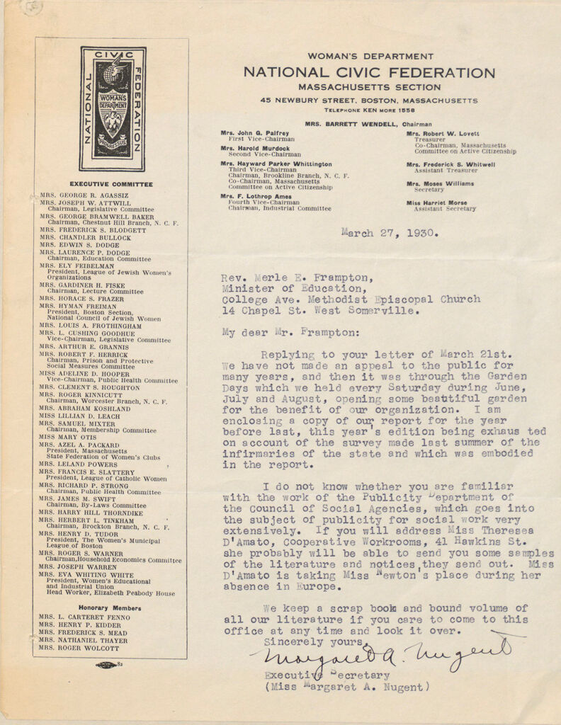 Charity, Organizations: United States. Massachusetts. Boston. Publicity For Social Work. (1) Letter Heads. (2) Inserts. (3) Subscription Blanks: Woman's Department. National Civic Federation. Massachusetts Section
