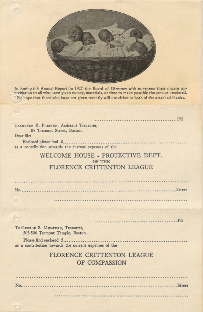 Charity, Organizations: United States. Massachusetts. Boston. Publicity For Social Work. (1) Letter Heads. (2) Inserts. (3) Subscription Blanks: Welcome House - Protective Dept. Of The Florence Crittenton League: Florence Crittenton League Of Compassion