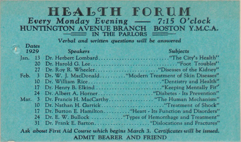 Charity, Organizations: United States. Massachusetts. Boston. Publicity For Social Work. (1) Letter Heads. (2) Inserts. (3) Subscription Blanks: Health Forum. Every Monday Evening - 7:15 O'clock. Huntington Avenue Branch Boston Y.m.c.a.