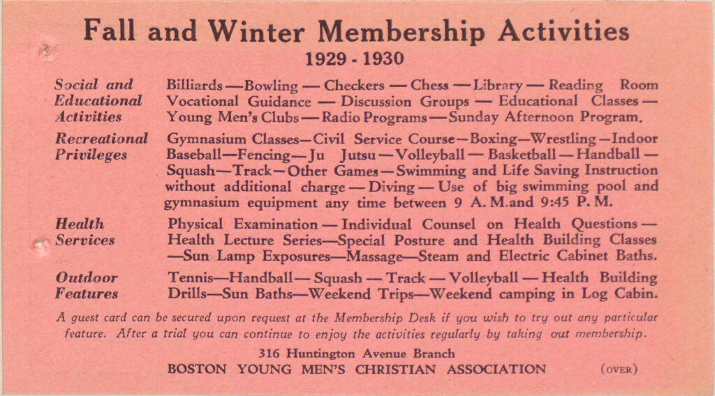 Charity, Organizations: United States. Massachusetts. Boston. Publicity For Social Work. (1) Letter Heads. (2) Inserts. (3) Subscription Blanks: Fall And Winter Membership Activities 1929-1930: Boston Young Men's Christian Association