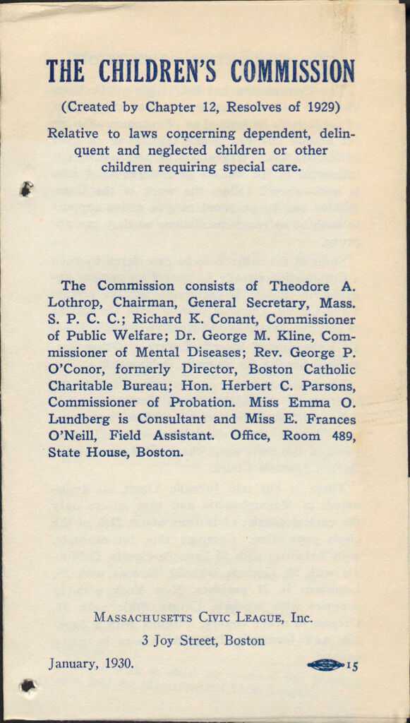 Charity, Organizations: United States. Massachusetts. Boston. Publicity For Social Work. (1) Letter Heads. (2) Inserts. (3) Subscription Blanks: The Children's Commission