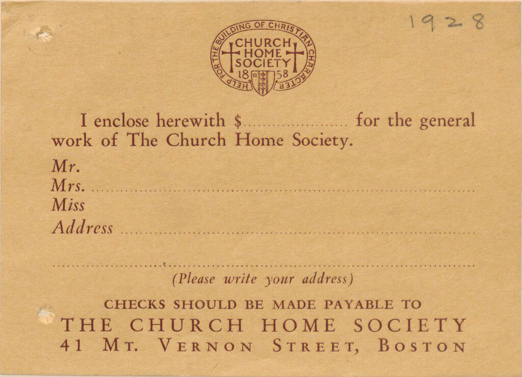 Charity, Organizations: United States. Massachusetts. Boston. Publicity For Social Work. (1) Letter Heads. (2) Inserts. (3) Subscription Blanks: The Church Home Society