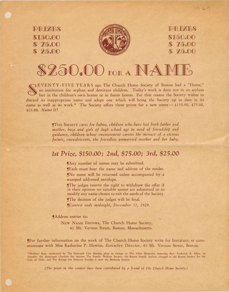 Charity, Organizations: United States. Massachusetts. Boston. Publicity For Social Work. (1) Posters And Flyers. (2) Programs With Advertisements. (3) Formal Invitations.: Prizes. $150.00, $75.00, $25.00: $250.00 For A Name