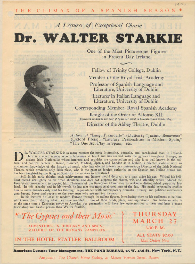 Charity, Organizations: United States. Massachusetts. Boston. Publicity For Social Work. (1) Posters And Flyers. (2) Programs With Advertisements. (3) Formal Invitations.: A Lecturer Of Exceptional Charm. Dr. Walter Starkie