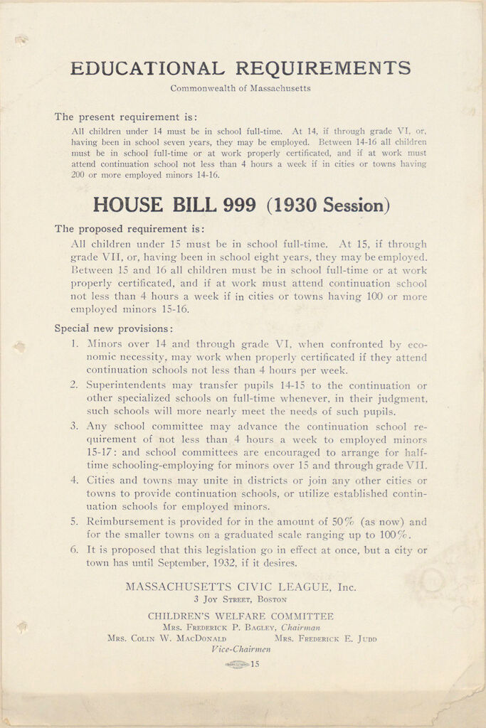 Charity, Organizations: United States. Massachusetts. Boston. Publicity For Social Work. (1) Posters And Flyers. (2) Programs With Advertisements. (3) Formal Invitations.: Educational Requirements. Commonwealth Of Massachusetts: House Bill 999 (1930 Session).
