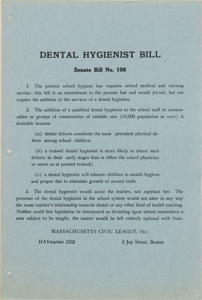 Charity, Organizations: United States. Massachusetts. Boston. Publicity For Social Work. (1) Posters And Flyers. (2) Programs With Advertisements. (3) Formal Invitations.: Dental Hygienist Bill. Senate Bill No. 108