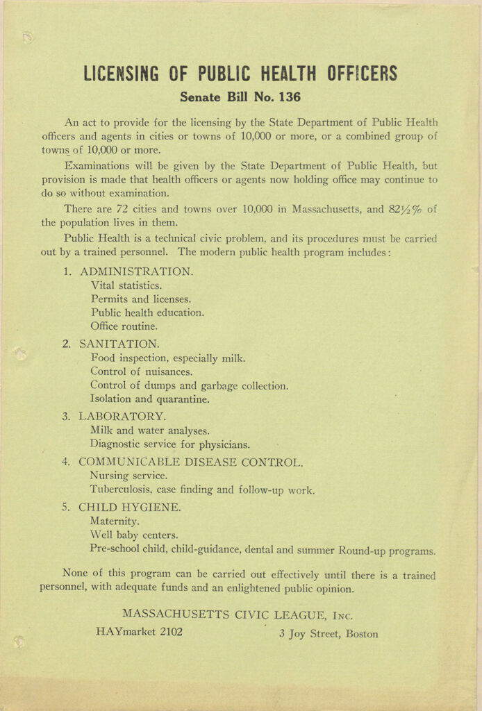 Charity, Organizations: United States. Massachusetts. Boston. Publicity For Social Work. (1) Posters And Flyers. (2) Programs With Advertisements. (3) Formal Invitations.: Licensing Of Public Health Officers. Senate Bill No. 136