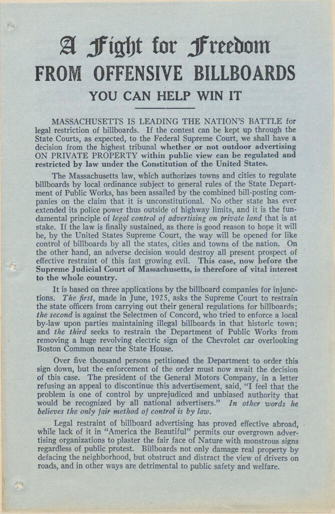 Charity, Organizations: United States. Massachusetts. Boston. Publicity For Social Work. (1) Posters And Flyers. (2) Programs With Advertisements. (3) Formal Invitations.: A Fight For Freedom From Offensive Billboards. You Can Help Win It