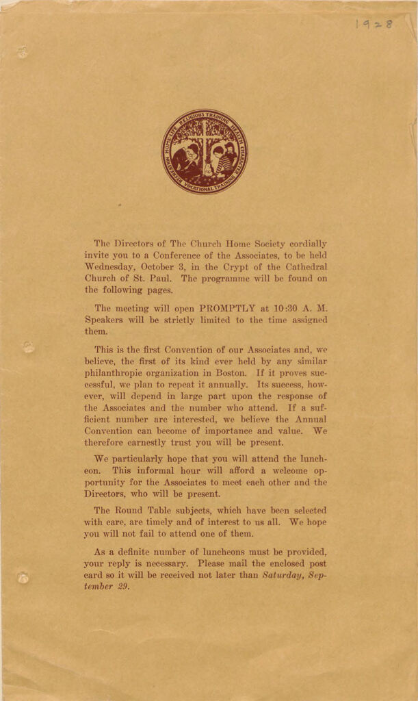 Charity, Organizations: United States. Massachusetts. Boston. Publicity For Social Work. (1) Posters And Flyers. (2) Programs With Advertisements. (3) Formal Invitations.: First Regional Conference Of The Associates Of The Church Home Society