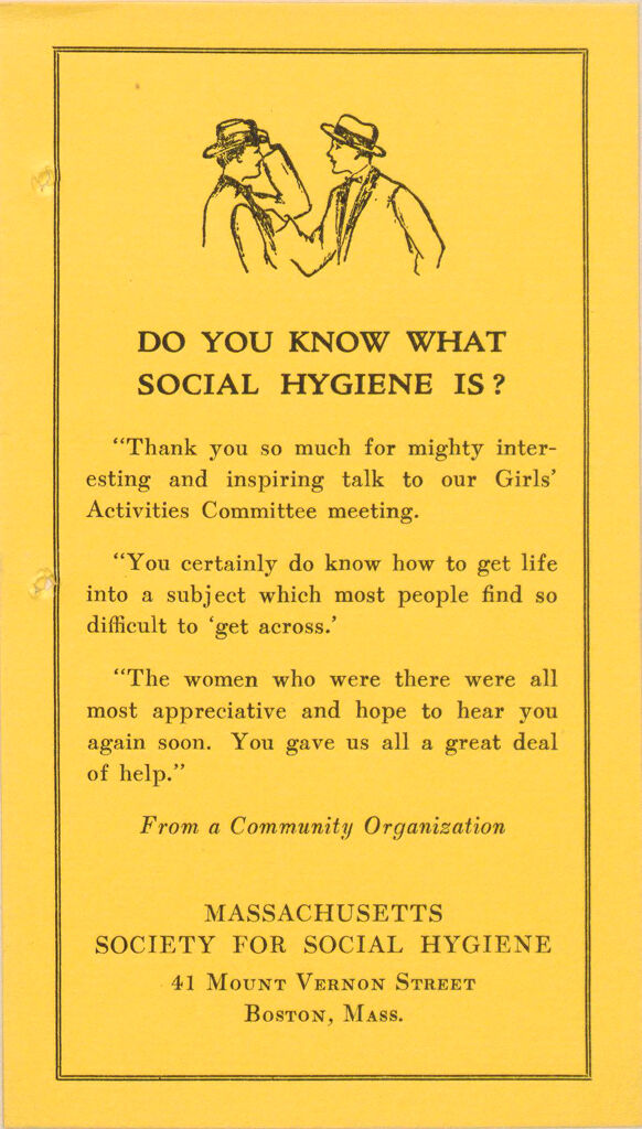 Charity, Organizations: United States. Massachusetts. Boston. Publicity For Social Work. (1) Posters And Flyers. (2) Programs With Advertisements. (3) Formal Invitations.: Do You Know What Social Hygiene Is?: Massachusetts Society For Social Hygiene