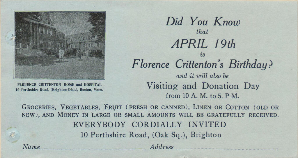 Charity, Organizations: United States. Massachusetts. Boston. Publicity For Social Work. (1) Posters And Flyers. (2) Programs With Advertisements. (3) Formal Invitations.: Florence Crittenton Home And Hospital: Did You Know That April 19Th Is Florence Crittenton's Birthday?