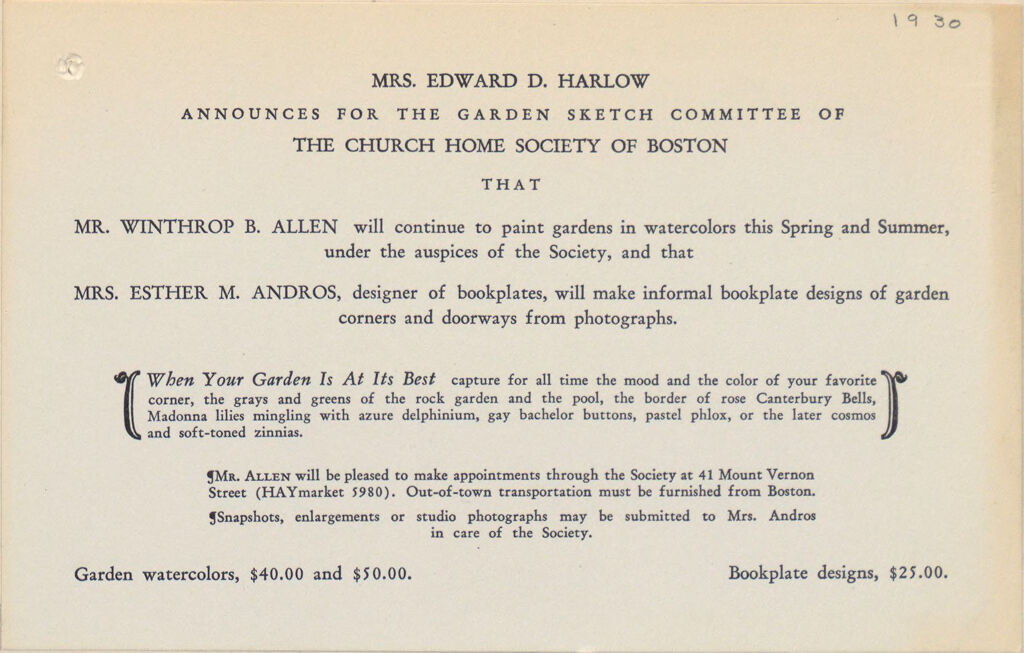 Charity, Organizations: United States. Massachusetts. Boston. Publicity For Social Work. (1) Posters And Flyers. (2) Programs With Advertisements. (3) Formal Invitations.: Mrs. Edward D. Harlow Announces For The Garden Sketch Committee Of The Church Home Society Of Boston.