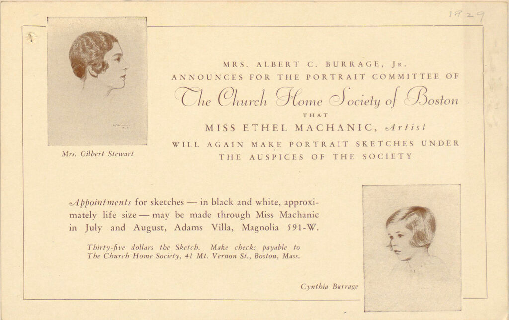 Charity, Organizations: United States. Massachusetts. Boston. Publicity For Social Work. (1) Posters And Flyers. (2) Programs With Advertisements. (3) Formal Invitations.: Mrs. Albert C. Burrage, Jr. Announces For The Portrait Committee Of The Church Home Society Of Boston.
