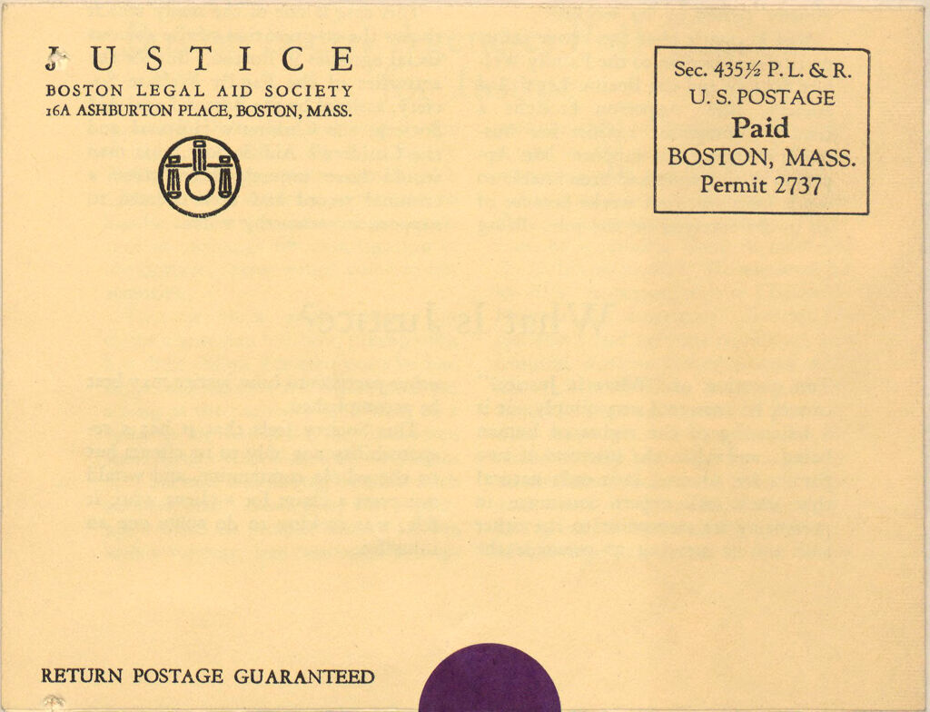 Charity, Organizations: United States. Massachusetts. Boston. Publicity For Social Work. (1) Posters And Flyers. (2) Programs With Advertisements. (3) Formal Invitations.: Justice: Published At Regular Intervals By The Boston Legal Aid Society