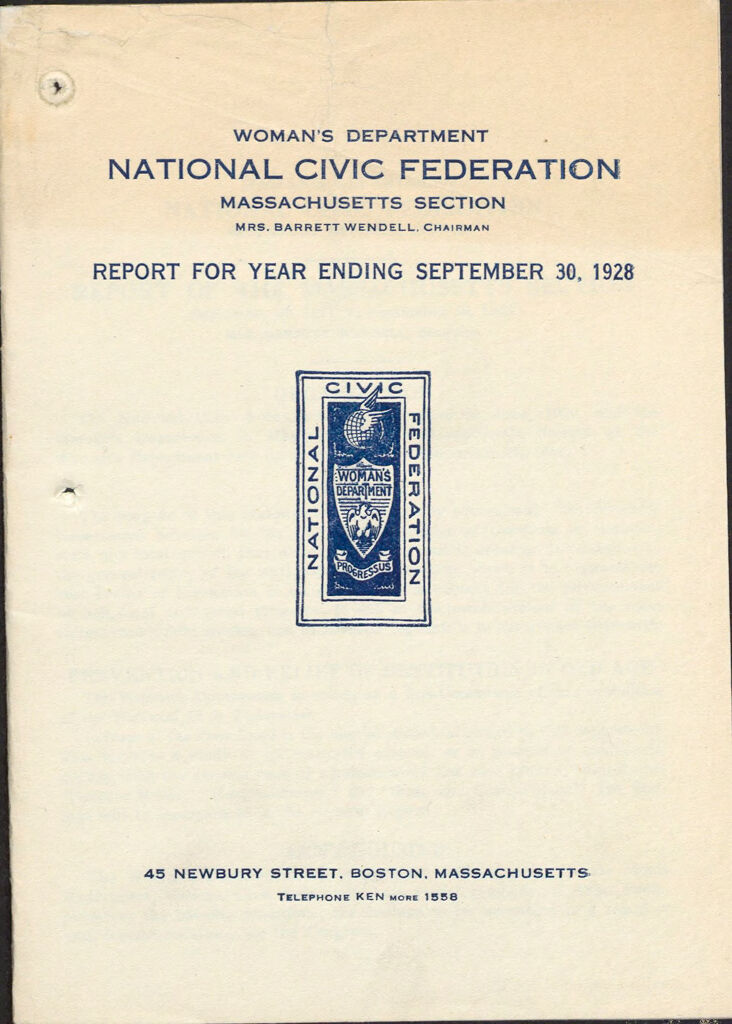 Charity, Organizations: United States. Massachusetts. Boston. Publicity For Social Work. Annual Reports: Woman's Department. National Civic Federation. Massachusetts Section: Report For Year Ending September 30, 1928