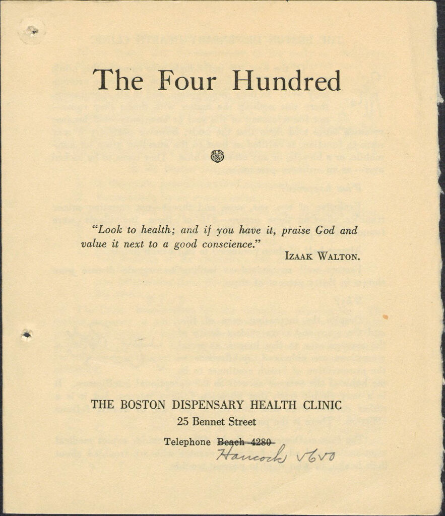 Charity, Organizations: United States. Massachusetts. Boston. Publicity For Social Work. Leaflets & Folders: The Four Hundred: The Boston Dispensary Health Clinic