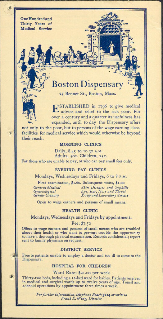 Charity, Organizations: United States. Massachusetts. Boston. Publicity For Social Work. Leaflets & Folders: Boston Dispensary. Epochs Of Progress