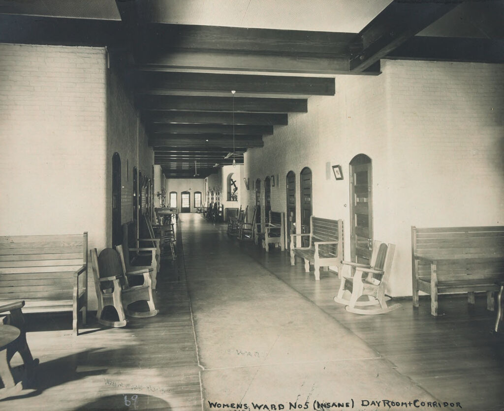 Charity, Hospitals: United States. Massachusetts. Tewksbury. State Hospital: State Hospital, Tewksbury: Women's Ward No. 5 (Insane) Day Room + Corridor