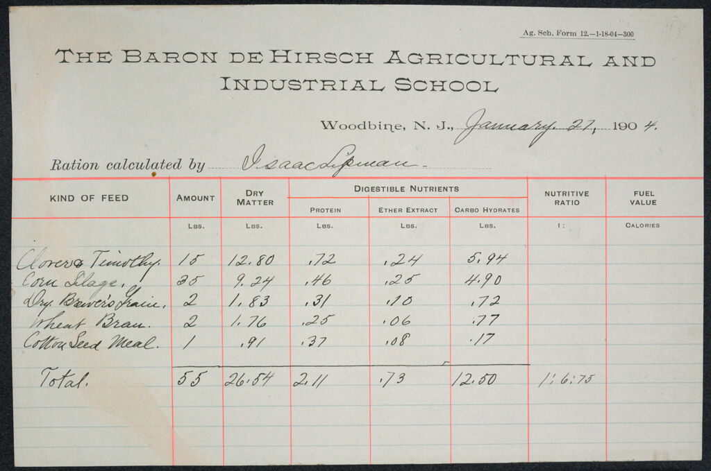 Races, Jews: United States. New Jersey. Woodbine. Baron De Hirsch Agricultural And Industrial School: Woodbine Settlement 1891 - 1904: Exhibit Vi: The Baron De Hirsch Agricultural And Industrial School: Ration Calculated By Isaac Lipman