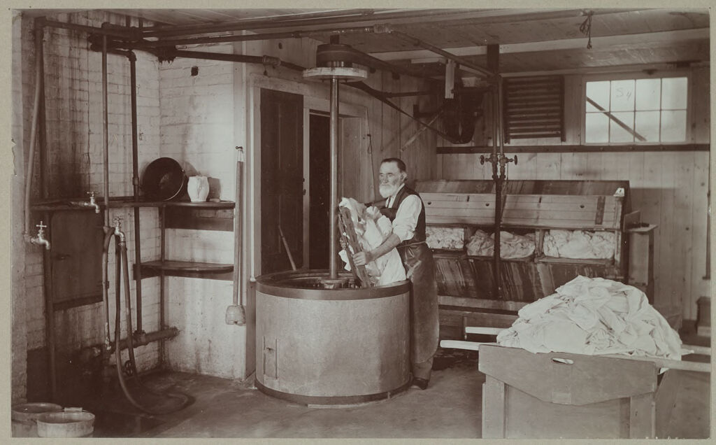 Social Revolution (?): United States. New York. Mt. Lebanon. Shaker Communities: Shaker Communities, United States: Ii. Elder Daniel Offord In The Laundry At The Shaker Village. Shaker Washing Mill At Back. Both Washing Machines Are Shaker Inventions.