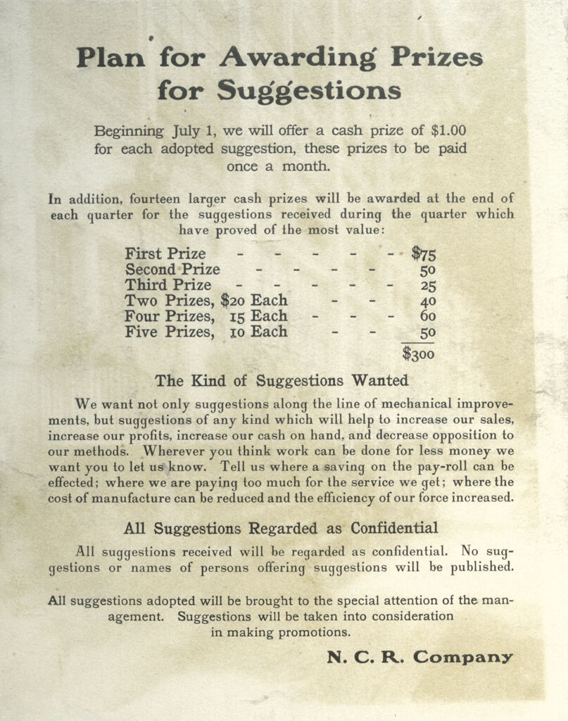 Industrial Problems, Welfare Work: United States. Ohio. Dayton. National Cash Register Company: Welfare Institutions Of The National Cash Register Company, Dayton, Ohio.: The Suggestion System: Bulletin Relative To Suggestions